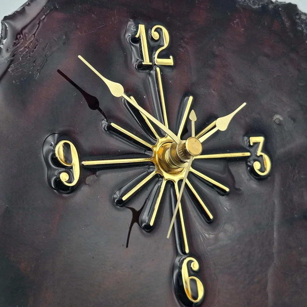 Vintage Lacquered Live Edge Wood Slab Wall Clock Dark MCM Brutalist Needs Repair